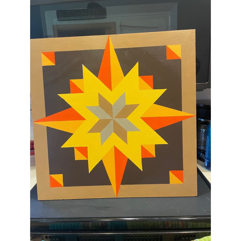 Hand Painted Wooden Barn Quilt Square Art Geometric Star Yellow Orange 24x24